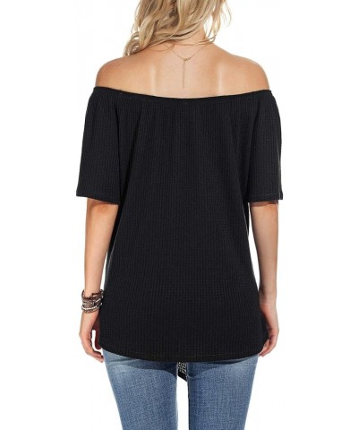 Womens Waffle Knit Off The Shoulder Tops Casual Short Sleeve Blouses Summer Tie Knot Loose T-Shirt 01 Black $12.14 Blouses