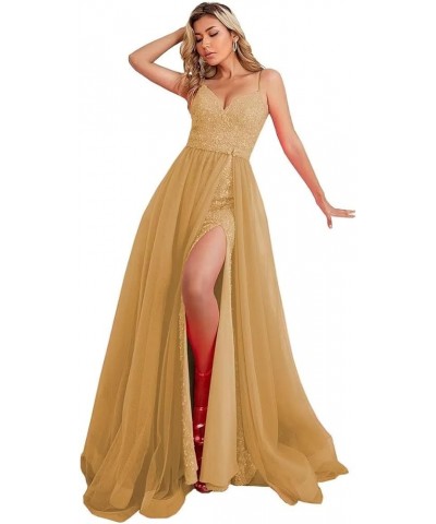 Sexy Mermaid Sequin Prom Dresses with Slit V Neck Formal Dresses Spaghetti Party Gowns with Detachable Train WZY69 Gold $37.4...