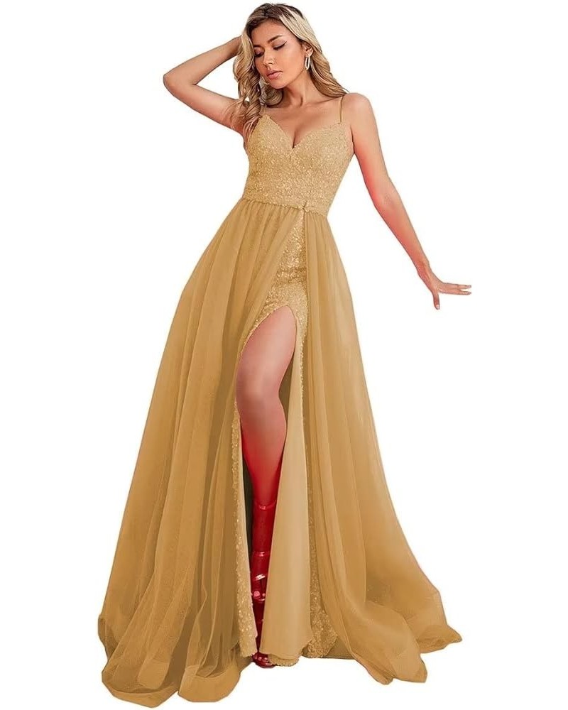 Sexy Mermaid Sequin Prom Dresses with Slit V Neck Formal Dresses Spaghetti Party Gowns with Detachable Train WZY69 Gold $37.4...