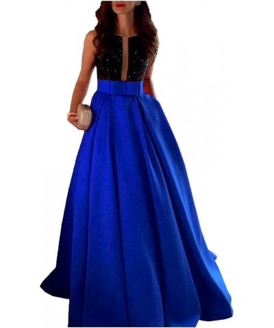 Women's Satin Evening Dresses With Sash Formal Gown With Rhinestone Royal Blue $35.34 Dresses