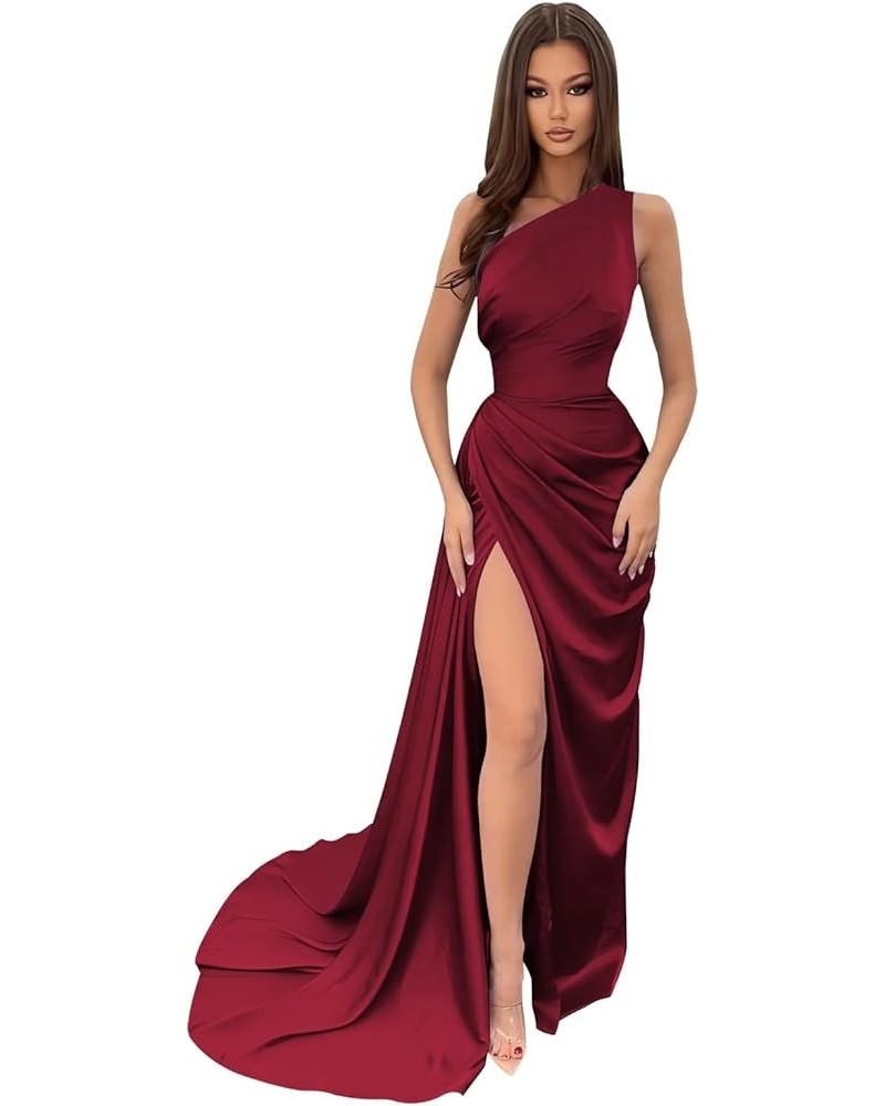 One Shoulder Bridesmaid Dresses for Wedding Satin Ball Gowns for Women Mermaid Formal Prom Evening Gowns with Slit Wine Red $...