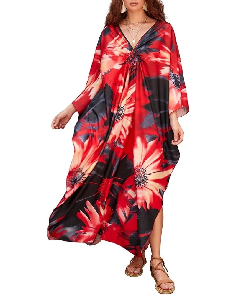 V Neck Summer Dresses for Women Plus Size Dresses Casual Batwing Sleeve Maxi Bohemian Dress Floral Print $14.28 Dresses