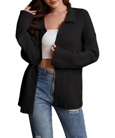 Women Casual Long Sleeve Open Front Button Down Rib Cardigan Collared Relaxed Fitted Knitted Sweater Tops Black $18.00 Sweaters