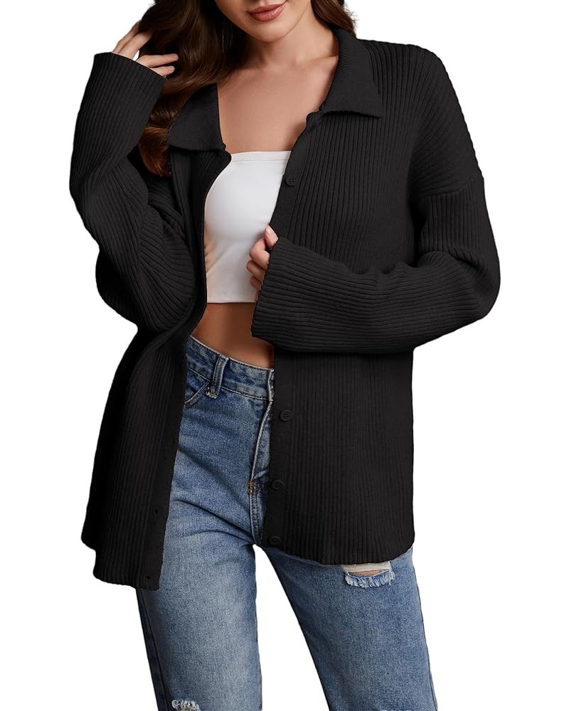 Women Casual Long Sleeve Open Front Button Down Rib Cardigan Collared Relaxed Fitted Knitted Sweater Tops Black $18.00 Sweaters