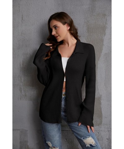 Women Casual Long Sleeve Open Front Button Down Rib Cardigan Collared Relaxed Fitted Knitted Sweater Tops Black $18.00 Sweaters