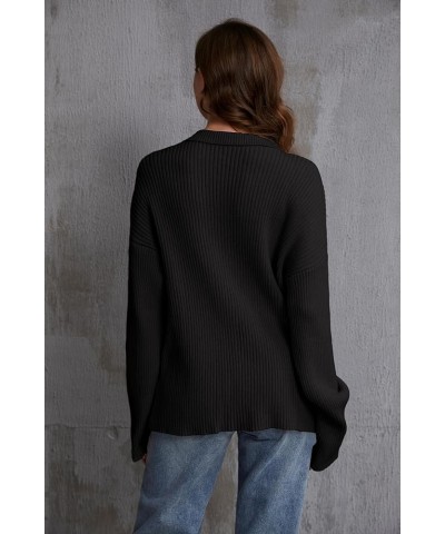 Women Casual Long Sleeve Open Front Button Down Rib Cardigan Collared Relaxed Fitted Knitted Sweater Tops Black $18.00 Sweaters