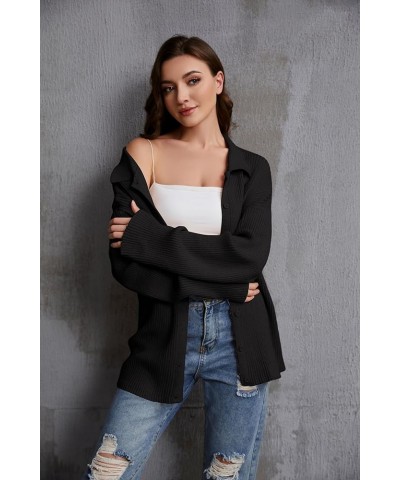 Women Casual Long Sleeve Open Front Button Down Rib Cardigan Collared Relaxed Fitted Knitted Sweater Tops Black $18.00 Sweaters