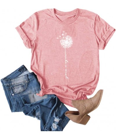 Womens Cute Make A Wish Dandelion Printed Tee Shirts Summer Cotton Vintage Graphic Tees Tops Pink $12.50 T-Shirts