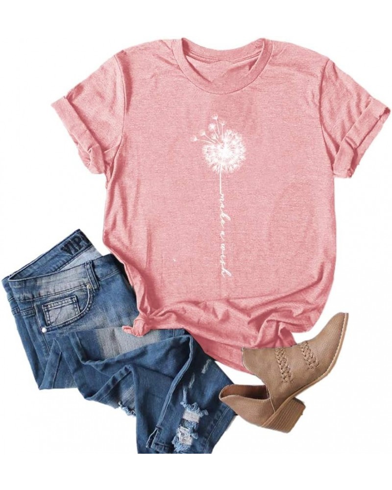 Womens Cute Make A Wish Dandelion Printed Tee Shirts Summer Cotton Vintage Graphic Tees Tops Pink $12.50 T-Shirts