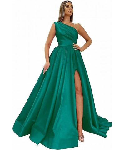 One Shoulder Prom Dresses Long Slit Satin A Line Evening Formal Gowns for Women Peacock $40.27 Dresses