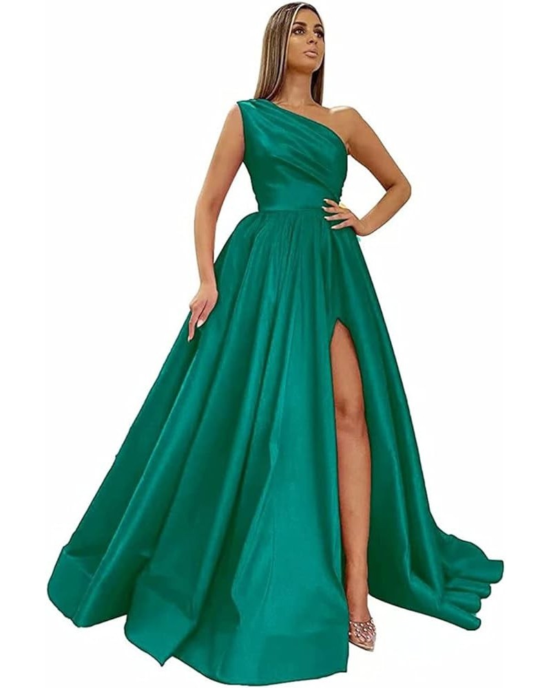 One Shoulder Prom Dresses Long Slit Satin A Line Evening Formal Gowns for Women Peacock $40.27 Dresses