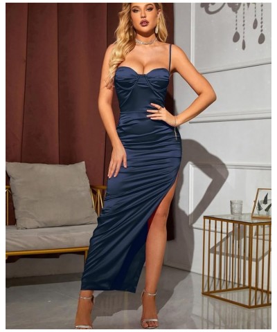 Women's Satin Spaghetti Straps Backless Ruched Bodycon Dress Slit Maxi Cocktail Elegant Dresses for Evening Party Navy $26.88...