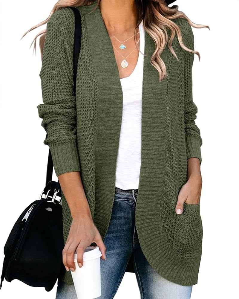 Womens Loose Open Front Cardigan Long Sleeve Casual Lightweight Soft Knit Sweaters Coat with Pockets Army Green $23.93 Sweaters