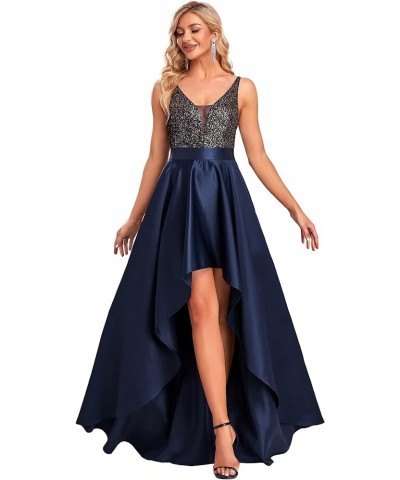 Women's V-Neck A-line High-Low Party Dress Long Evening Dress 0667 Navy Blue $42.63 Dresses