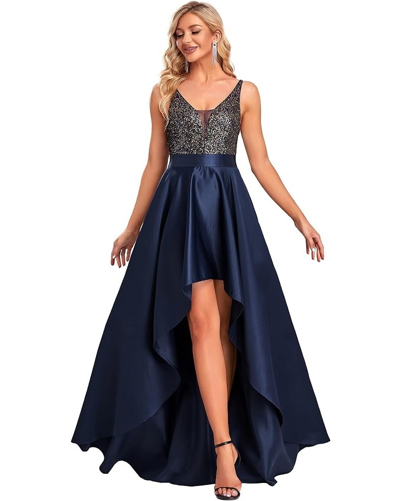 Women's V-Neck A-line High-Low Party Dress Long Evening Dress 0667 Navy Blue $42.63 Dresses