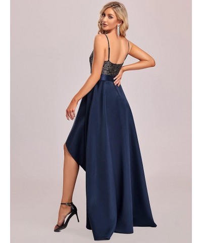 Women's V-Neck A-line High-Low Party Dress Long Evening Dress 0667 Navy Blue $42.63 Dresses