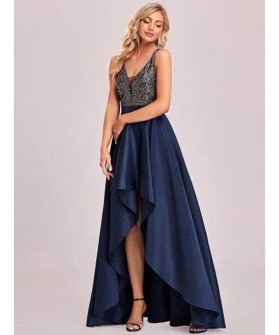 Women's V-Neck A-line High-Low Party Dress Long Evening Dress 0667 Navy Blue $42.63 Dresses