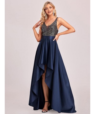 Women's V-Neck A-line High-Low Party Dress Long Evening Dress 0667 Navy Blue $42.63 Dresses