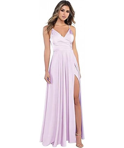 Women's Spaghetti Strap Bridesmaid Dresses with Slit Long A-Line V Neck Satin Formal Evening Party Dress YJY18 Lilac $43.98 D...