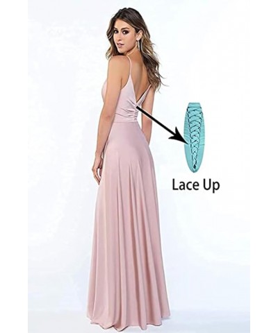 Women's Spaghetti Strap Bridesmaid Dresses with Slit Long A-Line V Neck Satin Formal Evening Party Dress YJY18 Lilac $43.98 D...