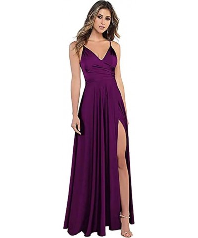 Women's Spaghetti Strap Bridesmaid Dresses with Slit Long A-Line V Neck Satin Formal Evening Party Dress YJY18 Lilac $43.98 D...