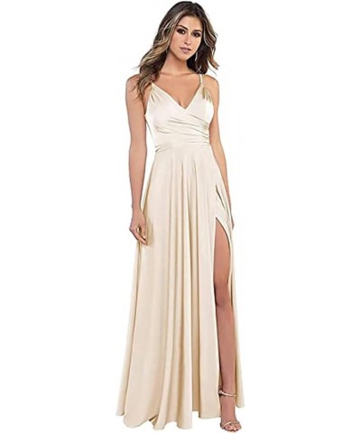 Women's Spaghetti Strap Bridesmaid Dresses with Slit Long A-Line V Neck Satin Formal Evening Party Dress YJY18 Lilac $43.98 D...