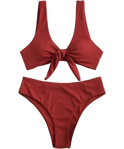 Women Tie Front Bikini Set Ribbed High Cut Two Piece Swimsuit Bathing Suit 0-red $11.39 Swimsuits