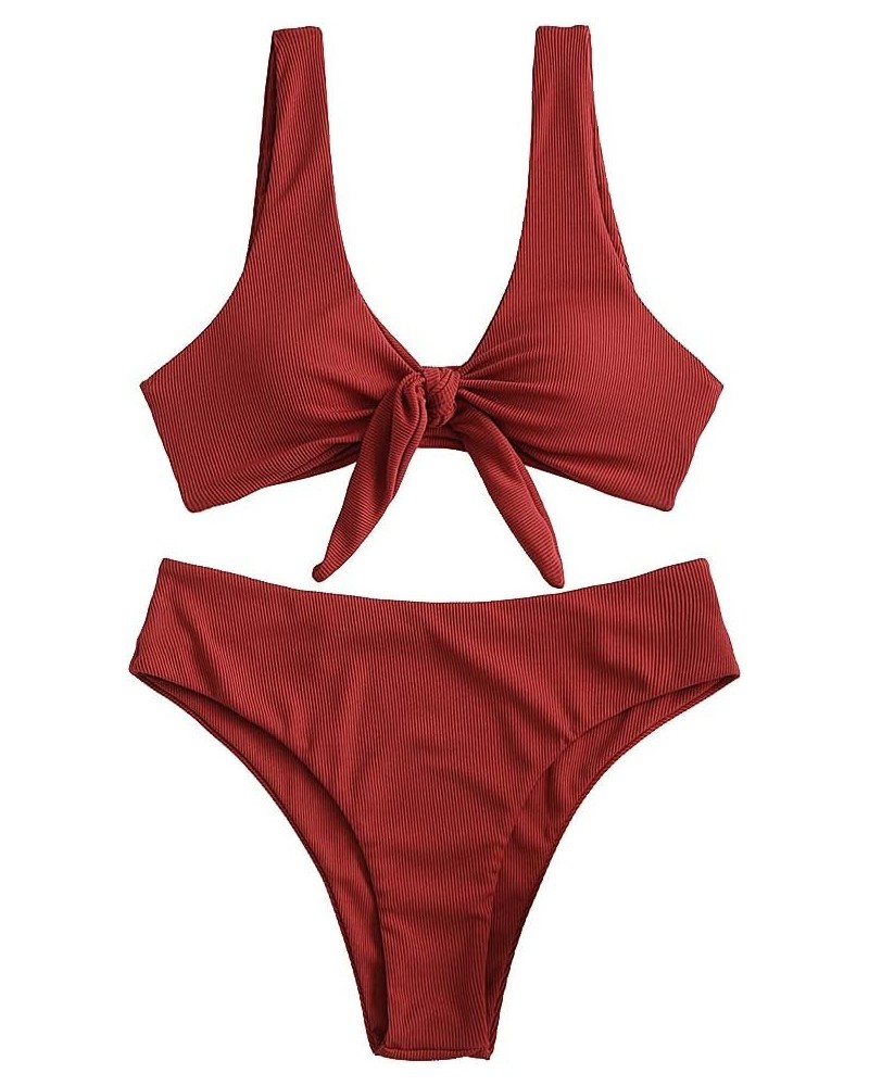 Women Tie Front Bikini Set Ribbed High Cut Two Piece Swimsuit Bathing Suit 0-red $11.39 Swimsuits