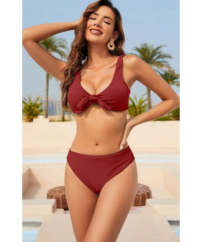 Women Tie Front Bikini Set Ribbed High Cut Two Piece Swimsuit Bathing Suit 0-red $11.39 Swimsuits