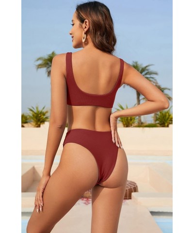 Women Tie Front Bikini Set Ribbed High Cut Two Piece Swimsuit Bathing Suit 0-red $11.39 Swimsuits