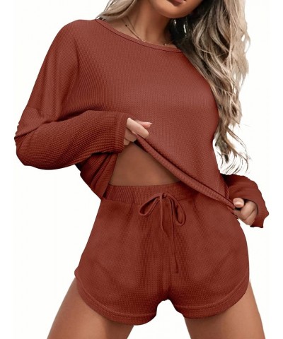 Womens Waffle Knit Pajama Sets Long Sleeve Top and Shorts Matching Lounge Set Loungewear Sweatsuit with Pockets Mini Waffle-w...