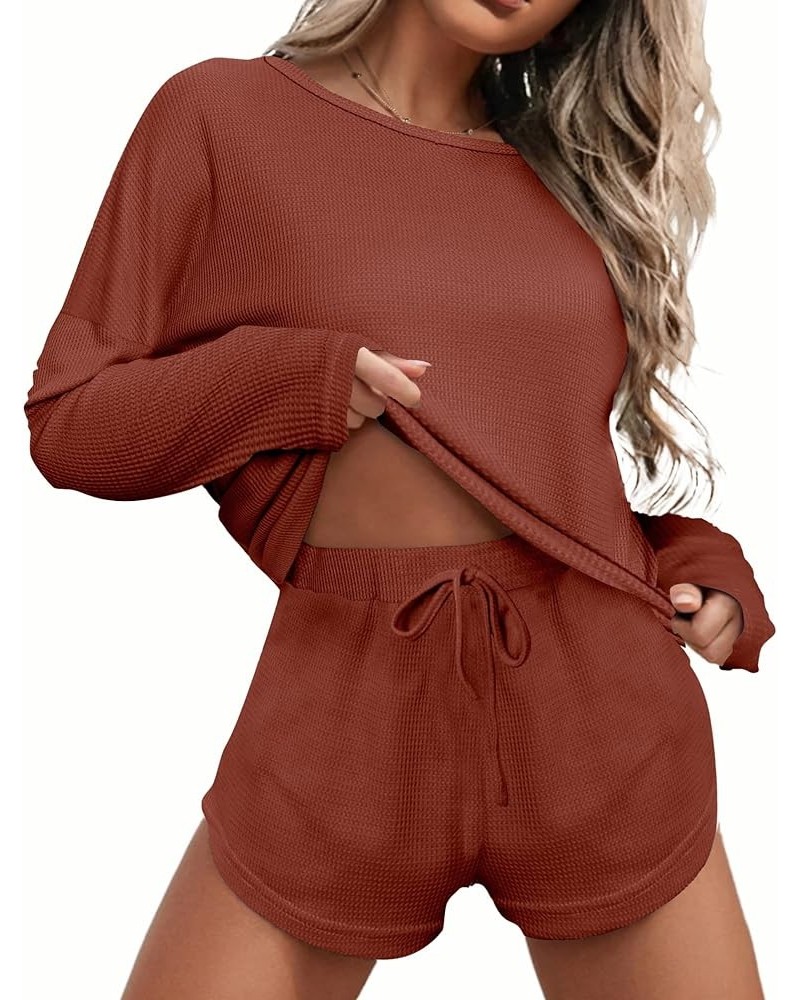 Womens Waffle Knit Pajama Sets Long Sleeve Top and Shorts Matching Lounge Set Loungewear Sweatsuit with Pockets Mini Waffle-w...