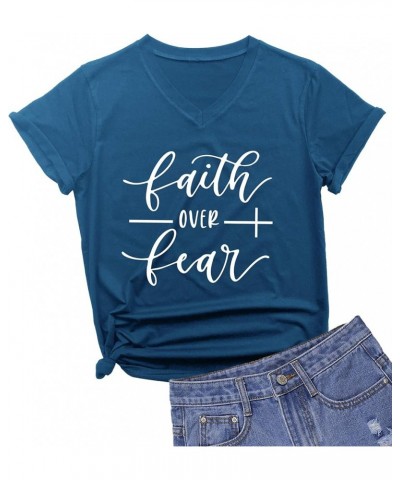 Womens V Neck Faith Over Fear T-Shirt Cute Summer Casual Short Sleeve Tees Tops Blue $11.20 T-Shirts