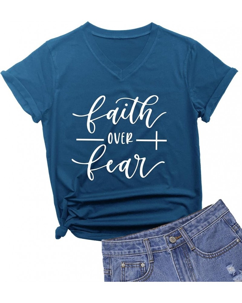 Womens V Neck Faith Over Fear T-Shirt Cute Summer Casual Short Sleeve Tees Tops Blue $11.20 T-Shirts