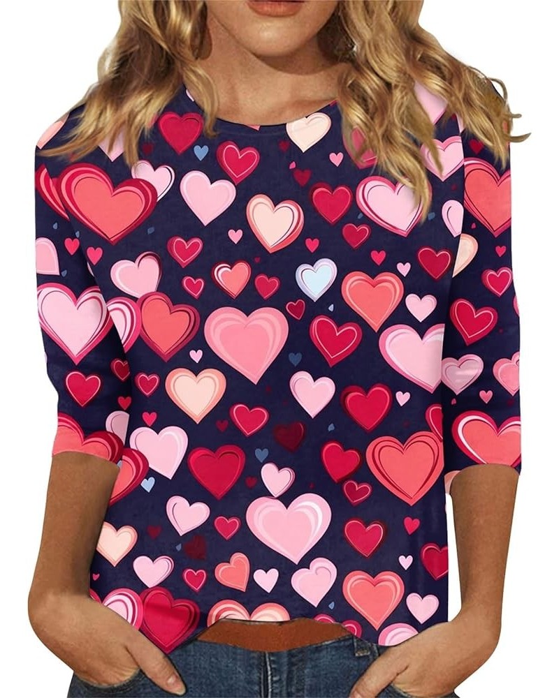 Women's Valentines Day Shirts Trendy 3/4 Sleeve Shirts Dressy Casual Cute Graphic Tees Holiday Outfits Loose Fit Navy $7.66 T...