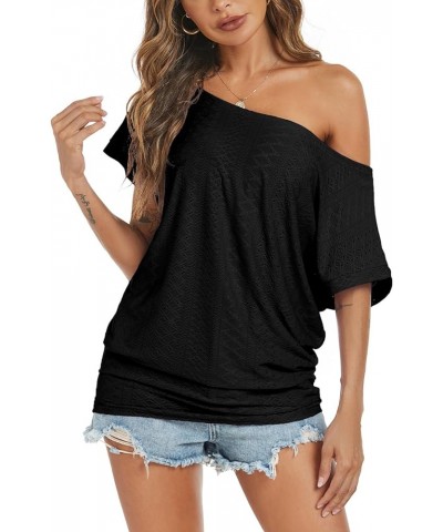 Women's Summer Off Shoulder Short Sleeve Shirts Loose Casual Batwing Sleeve Oversized Tunics Tops 01 Black $11.75 Tops