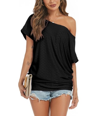 Women's Summer Off Shoulder Short Sleeve Shirts Loose Casual Batwing Sleeve Oversized Tunics Tops 01 Black $11.75 Tops