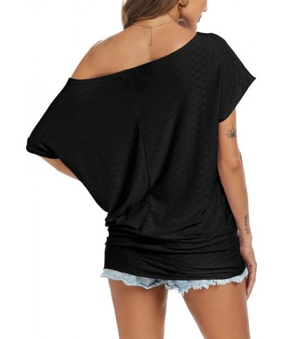 Women's Summer Off Shoulder Short Sleeve Shirts Loose Casual Batwing Sleeve Oversized Tunics Tops 01 Black $11.75 Tops