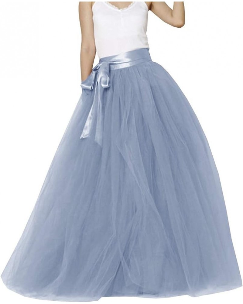 Women Long Maxi Puffy 5 Layers Tulle Skirt Floor Length A Line with Bowknot Belt High Waisted for Wedding Party Evening Dusty...