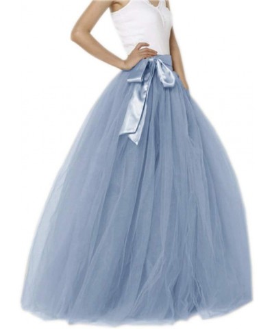 Women Long Maxi Puffy 5 Layers Tulle Skirt Floor Length A Line with Bowknot Belt High Waisted for Wedding Party Evening Dusty...