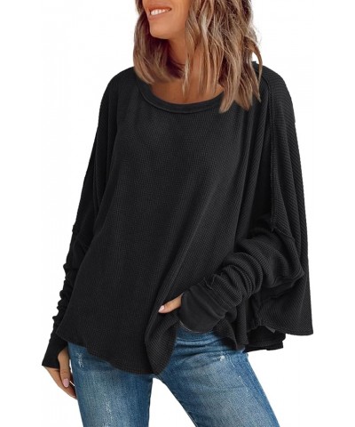 Womens Waffle Knit Tunic Tops Oversized Batwing Long Sleeve Shirt Casual Loose Fit Crewneck Pullover Black $15.67 Tops