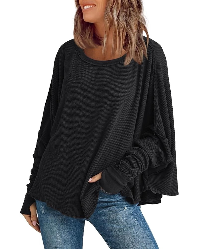 Womens Waffle Knit Tunic Tops Oversized Batwing Long Sleeve Shirt Casual Loose Fit Crewneck Pullover Black $15.67 Tops