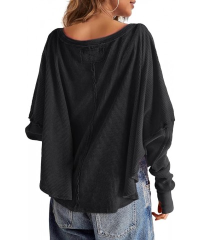 Womens Waffle Knit Tunic Tops Oversized Batwing Long Sleeve Shirt Casual Loose Fit Crewneck Pullover Black $15.67 Tops