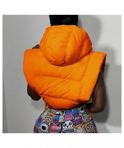 Women's Cropped Puffer Vest Sleeveless Zip Up Y2K Hooded Puffy Padded Jacket Bubble Gilet Winter Outwear Orange $17.60 Vests