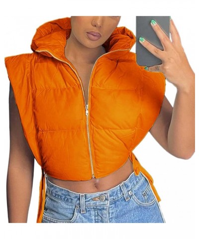 Women's Cropped Puffer Vest Sleeveless Zip Up Y2K Hooded Puffy Padded Jacket Bubble Gilet Winter Outwear Orange $17.60 Vests