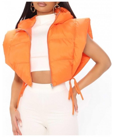 Women's Cropped Puffer Vest Sleeveless Zip Up Y2K Hooded Puffy Padded Jacket Bubble Gilet Winter Outwear Orange $17.60 Vests