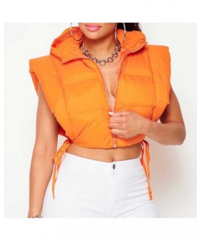 Women's Cropped Puffer Vest Sleeveless Zip Up Y2K Hooded Puffy Padded Jacket Bubble Gilet Winter Outwear Orange $17.60 Vests