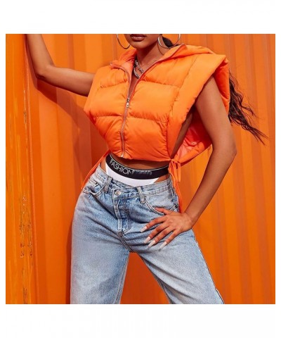 Women's Cropped Puffer Vest Sleeveless Zip Up Y2K Hooded Puffy Padded Jacket Bubble Gilet Winter Outwear Orange $17.60 Vests