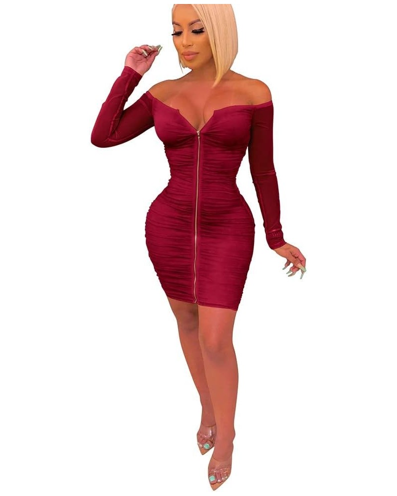 Women Sexy Off Shoulder See Through Bell Sleeve Ruched Front Drawstring Stretchy Bodycon Mini Dress Club Party Wine $15.40 Dr...