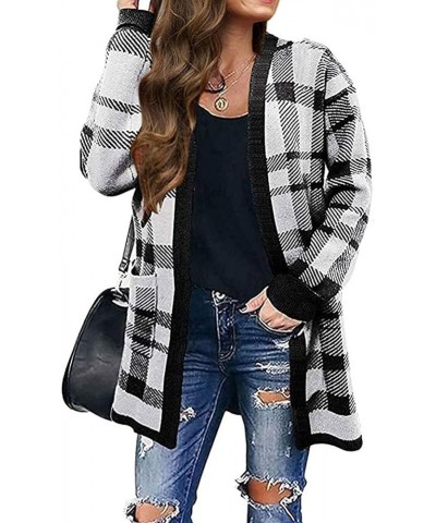 Womens Loose Long Sleeve Open Front Cardigan Knit Leopard Print Cozy Sweater Coat Outwear with Pockets White Plaid $19.09 Swe...